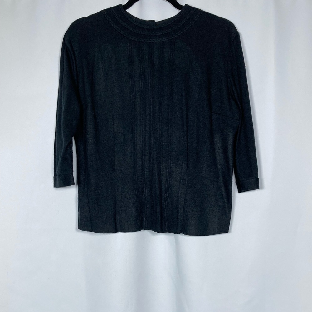 VTG 60s Jane Holly Black Pintuck Knit Blouse Mod Secretary Top Wool Blend 36/8